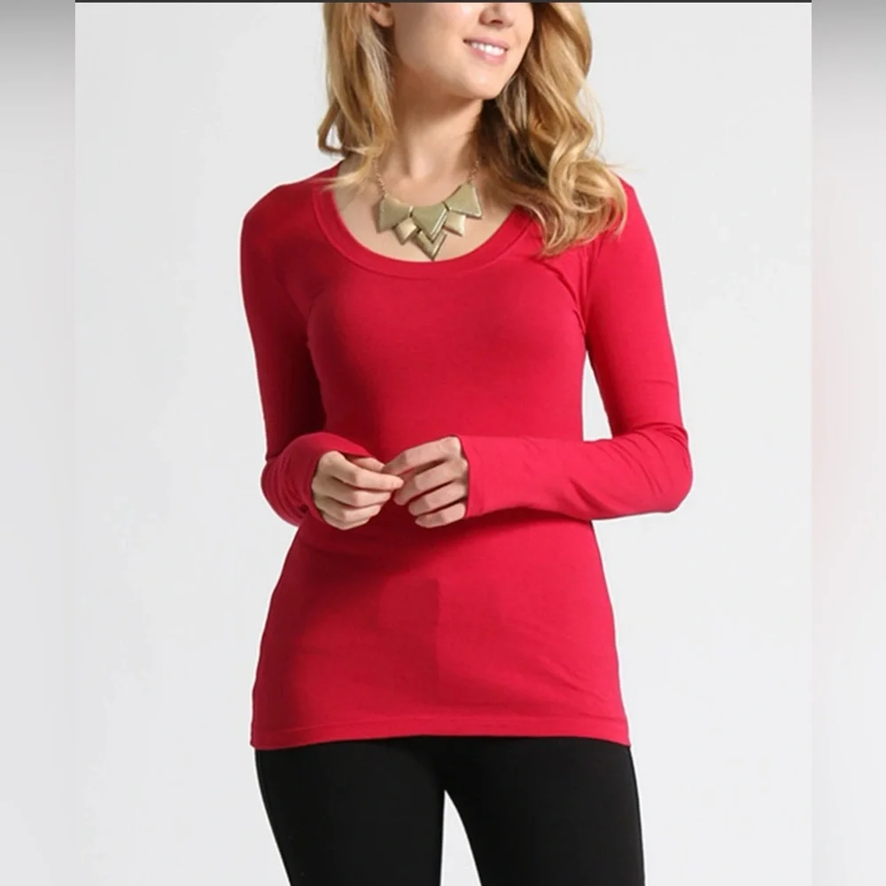 Dani Fitted Scoop Neck Long-Sleeve Cotton Red Tee - Picture 2 of 3